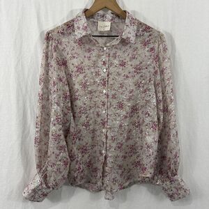 Easy Clothes Pink Floral Sheer Silver Shimmer Romantic Balloon Sleeve Top Sz L